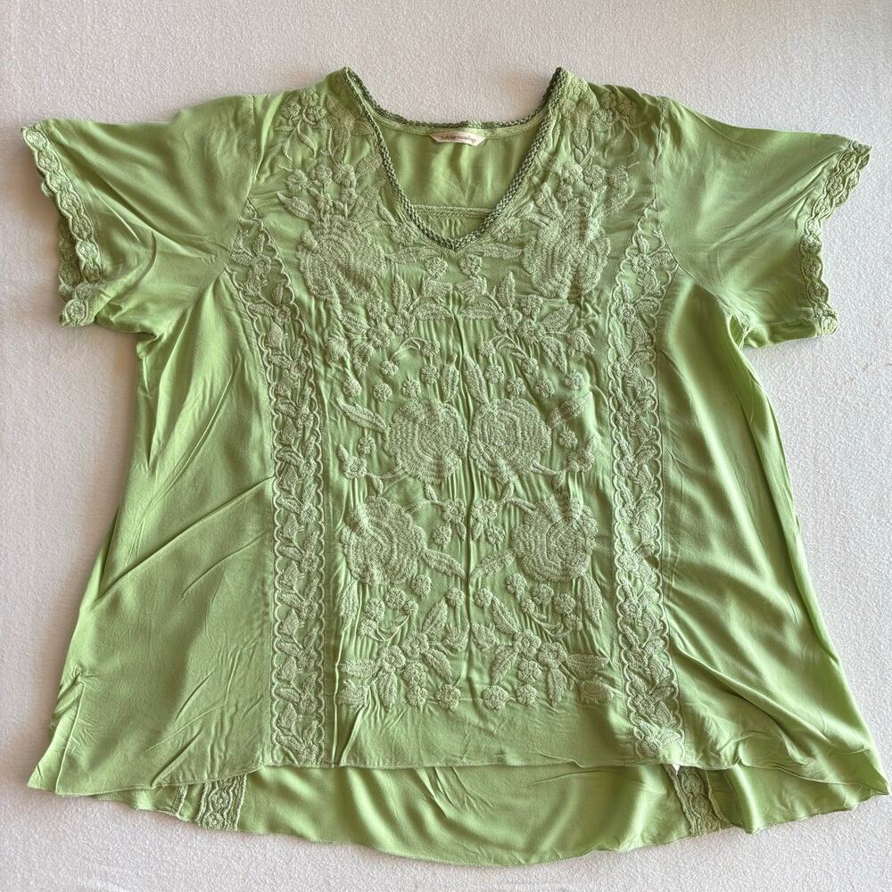 Soft Surroundings Tunic Blouse Women’s 2XL Green Embroidered Boho Relaxed Fit